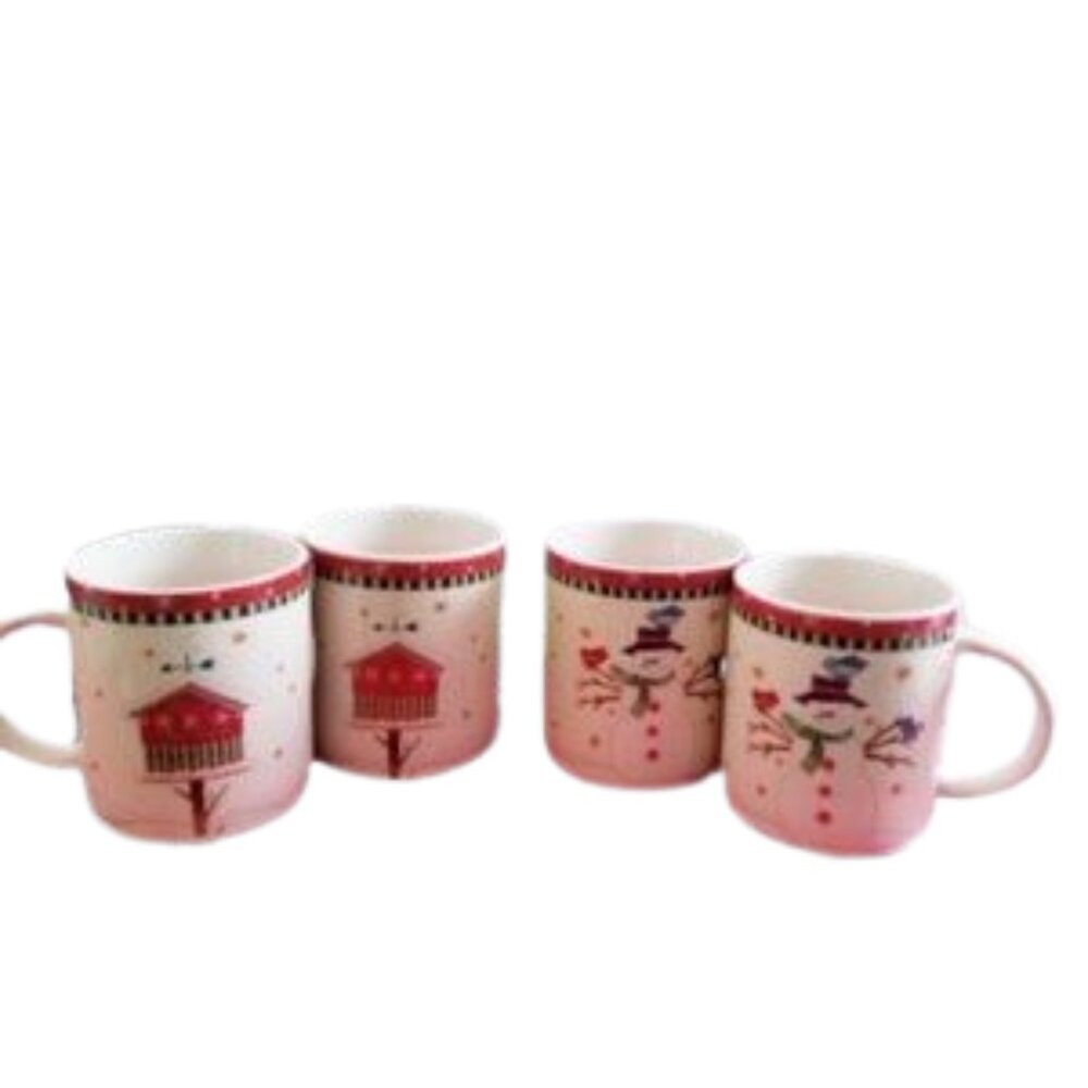 Thomson China Holiday Coffee Tea Mugs Set of 4 Snowman Birdhouse White Red